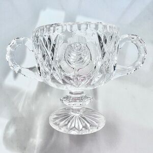 Vintage crystal sugar bowl hand cut rose motif Dual handles